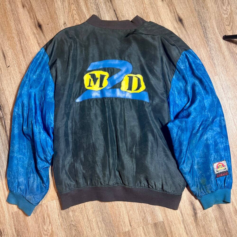 Vintage M2D Major Damage Silk Bomber Jacket Mens XL XXL Blue Black 90s Hip Hop